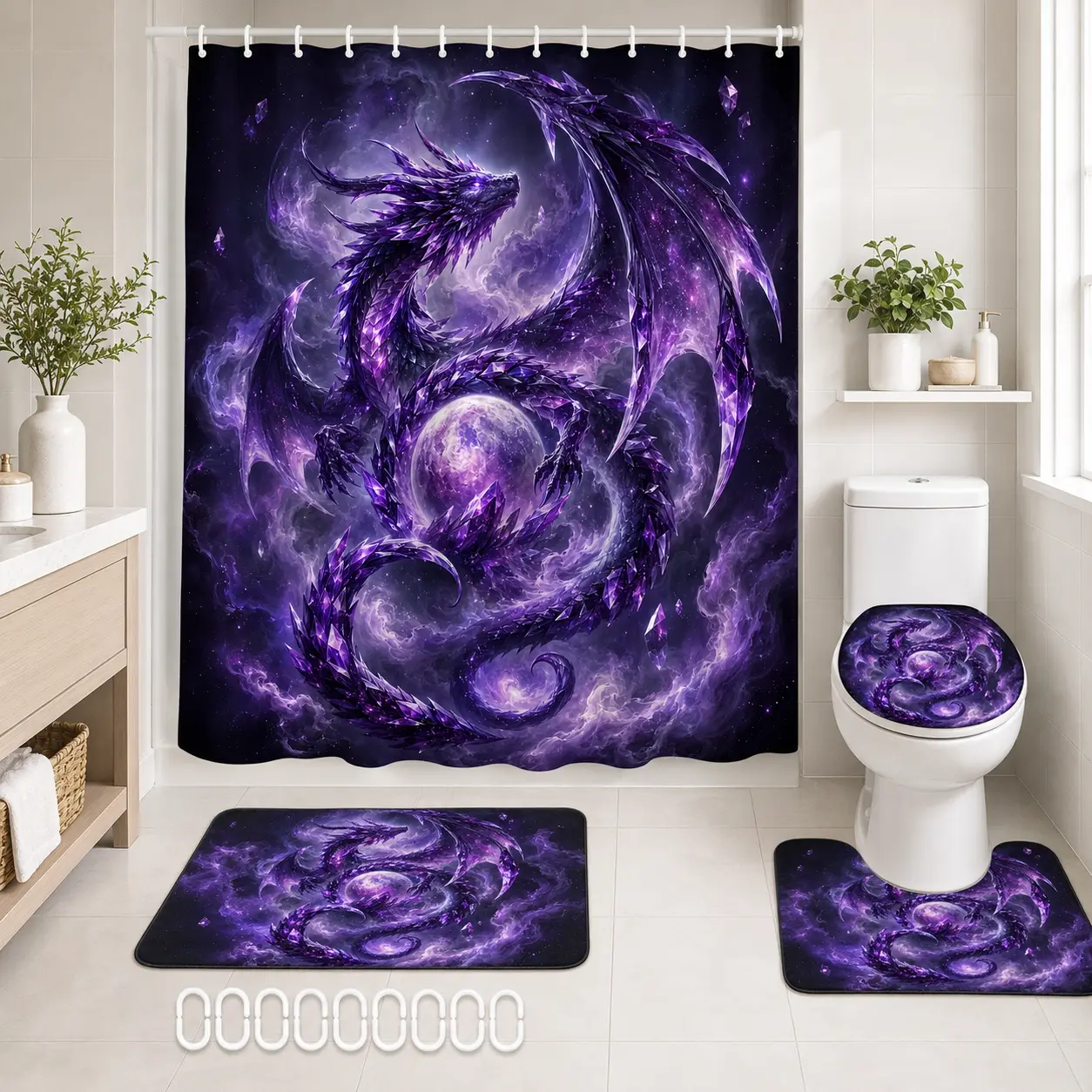 1/4 Pcs Dreamy amethyst nebula dragon pattern shower curtain set, waterproof shower curtain with 12 hooks, non-slip bathroom carpet, toilet U-shaped cushion, toilet seat cover cushion,bathroom decoration, bathroom shower curtain set