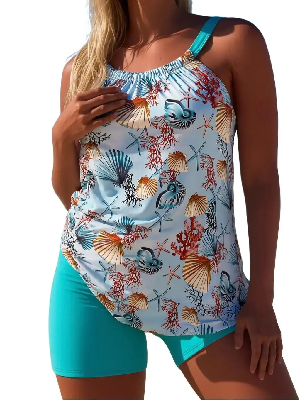 Ocean Shell Print Tankini Swimsuit, Adjustable Strap Blouson Top with Boyshorts Tummy Control Two-Piece Swimwear for Women Beach Vacation