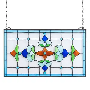 Stained Glass Tiffany-Style Hanging Window Panel with Chain, 26 by 16 Inches, Handcrafted Colorful Art Glass Sun Catcher for Home Decor and Windows, Vintage-Inspired Ornament to Enhance Natural Light and Ambiance
