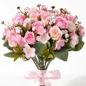 6pcs High-Realism Rose Mixed Cherry Blossom Bouquet, Non-Fading Fabric Artificial Flowers, Vintage Decor, Wedding Handheld Arrangement