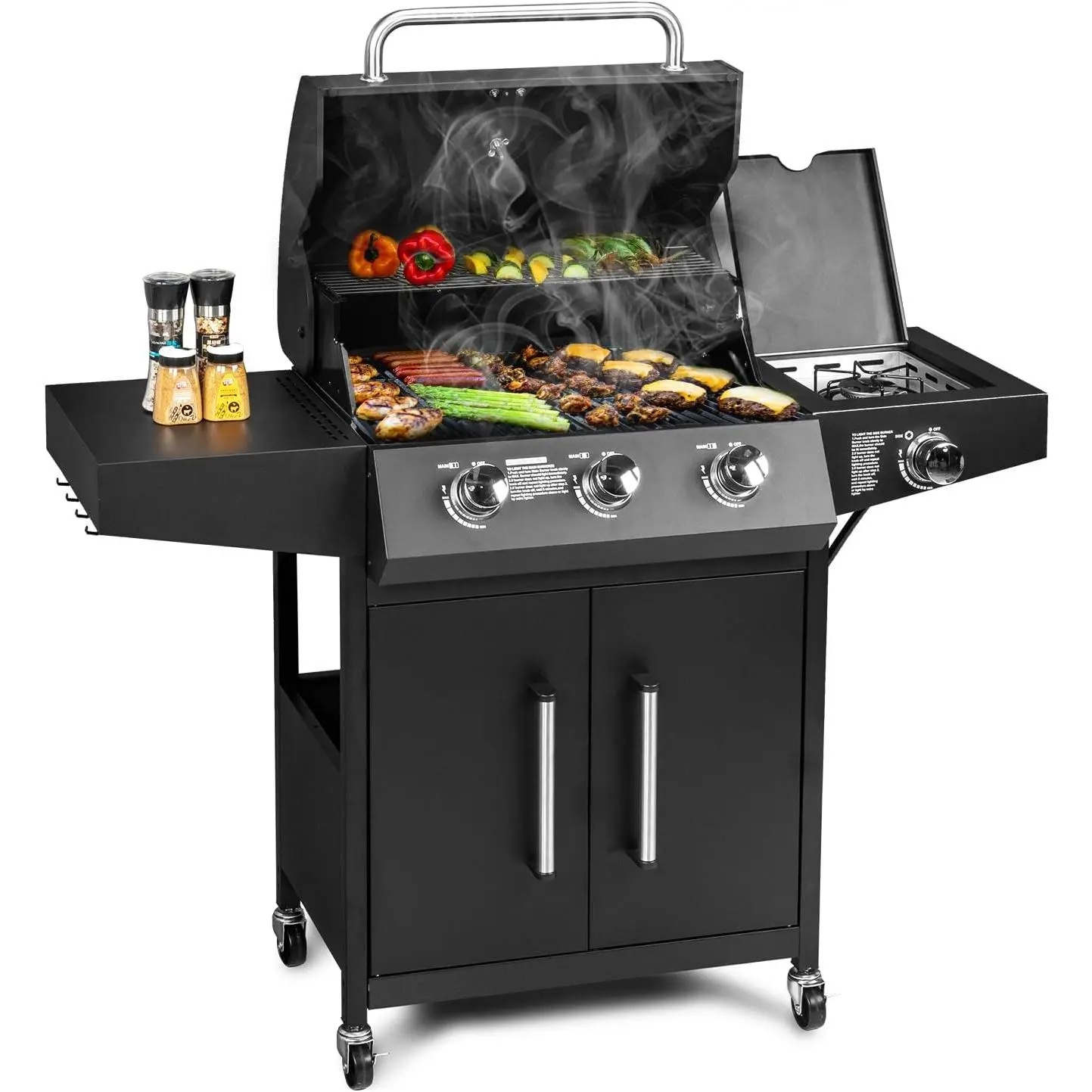 3 Burner Propane Grills with Side Burner and Porcelain-Enameled Grates, 46000BTU Gas Grill with Side Shelf and Portable Rolling Wheels, Grill for Outdoor Cooking BBQ Patio Backyard