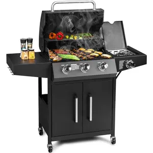 3 Burner Propane Grills with Side Burner and Porcelain-Enameled Grates, 46000BTU Gas Grill with Side Shelf and Portable Rolling Wheels, Grill for Outdoor Cooking BBQ Patio Backyard