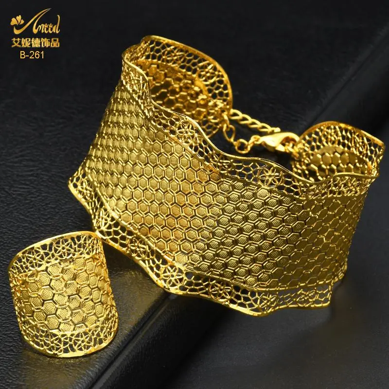 ANIID Women's African Gold Adjustable Cuff Bangle & Ring Set - African Fashion, Arm Cuffs, Gold Charm Bracelet for Nigerian Wedding Party Gifts, African Style Jewelry Sets