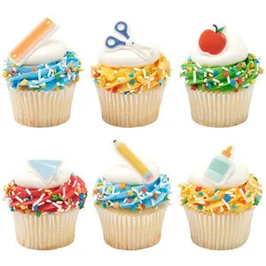 Teacher Theme Edible Cupcake Toppers – School Sugar Decorations (6 Count)