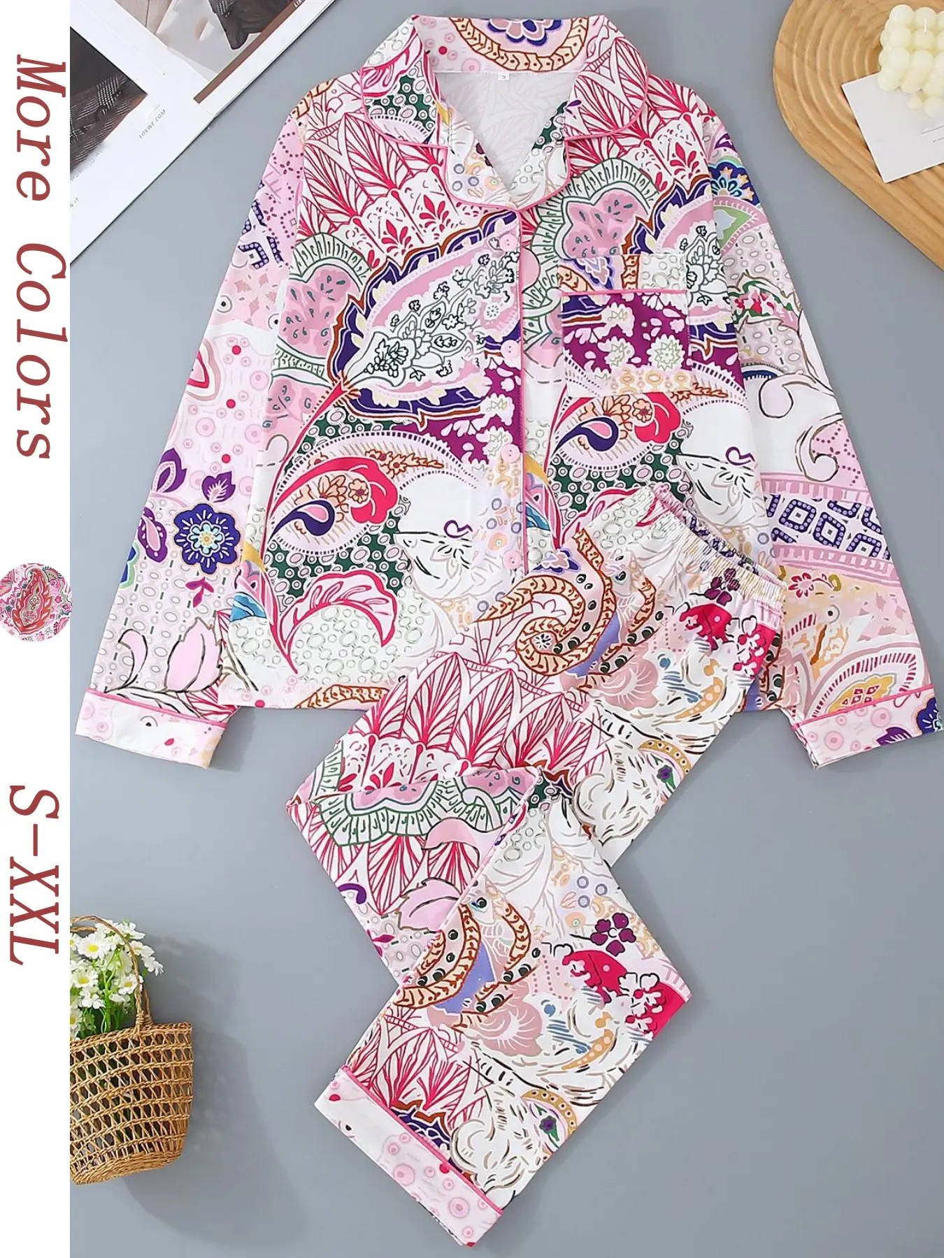 Women's Two-Piece Sleepwear Loungewear Set, Long Sleeve Top & Elastic Pants, Casual Paisley Pattern, All-Season Comfortable Home Wear