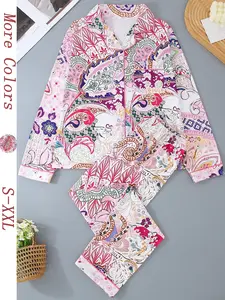 Women's Two-Piece Sleepwear Loungewear Set, Long Sleeve Top & Elastic Pants, Casual Paisley Pattern, All-Season Comfortable Home Wear