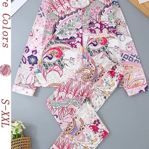 Women's Two-Piece Sleepwear Set, Long Sleeve Top & Elastic Pants, Paisley Pattern, All-Season Comfortable Home Wear, Casual Loungewear