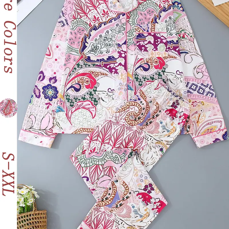 Women's Two-Piece Sleepwear Set, Long Sleeve Top & Elastic Pants, Paisley Pattern, All-Season Comfortable Home Wear, Casual Loungewear