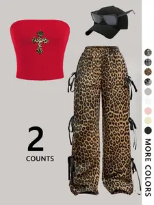 Women's Leopard Print Halter Top & Straight Leg Pants Set, Casual Fashion for Daily Wear, Vacation, Party, Street Style