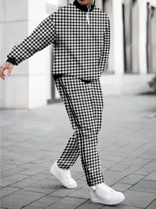 Men's Houndstooth Print Stand Collar Half-Zip Long Sleeve Pants Set Outfit, Vintage Style Spring & Fall Streetwear Essentials
