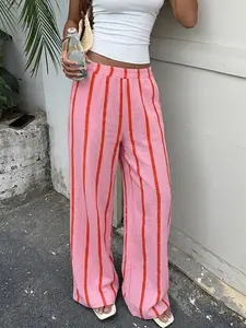 Women's Pink and Red Vertical Striped Pants Bottom, Ladies High Waist Elastic Wide Leg Casual Trousers, Lightweight Crinkle Fabric Slacks, Trendy 2026 Summer Beachwear Womenswear