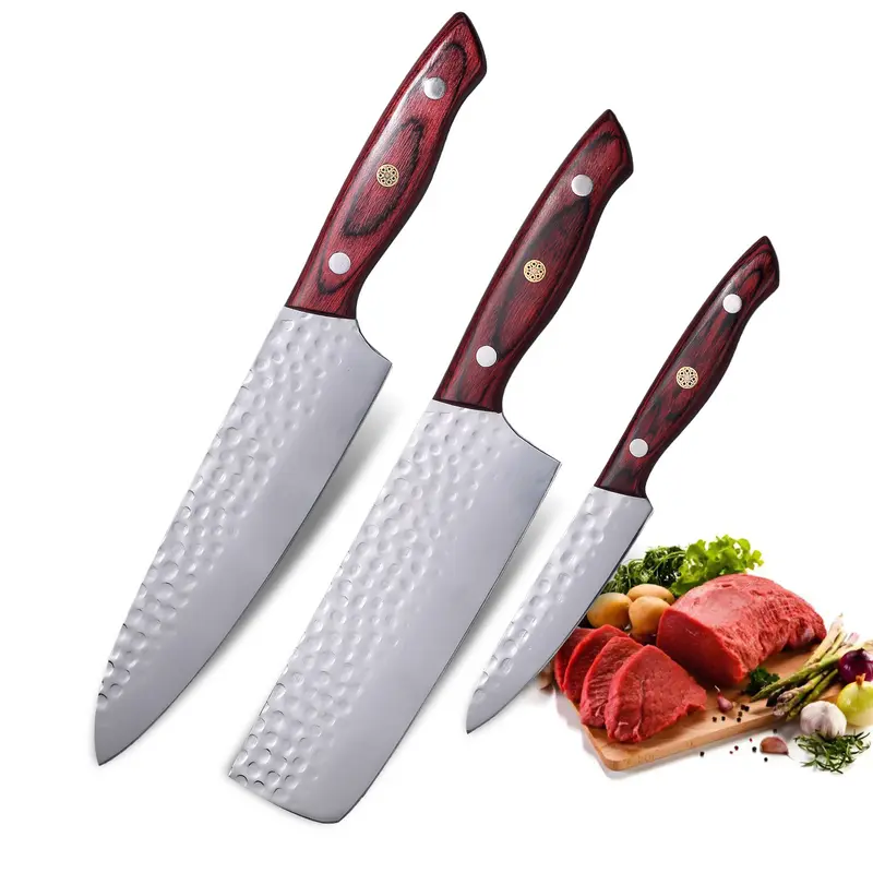 XNARLATH 3-Piece High Carbon Stainless Steel Kitchen Knives Set with Wooden Handle - Sharp Chef Blade Set, Durable Blades for Home Cooking, Three