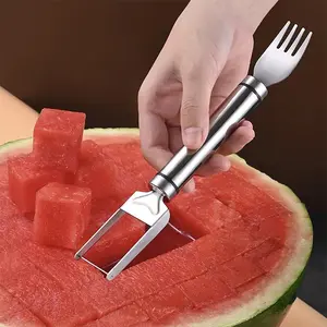 1/2Counts, Watermelon Fork Slicer,Watermelon Slicer Cutter,Watermelon Cube Cutting Tool, 2-in-1 Stainless Steel Fruit Cutter, Dual Head Fruit Forks Slicer Knife with Round Handle,Fruit Cutting Kitchen Utensils,Kitchen Gadgets,Portable Modern