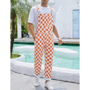 Men’s & women’s checkered stretch denim coveralls/jumpsuits with pockets—Thanksgiving and Christmas fashion; football team colors for game day; spring/fall festival vibes; menswear rompers