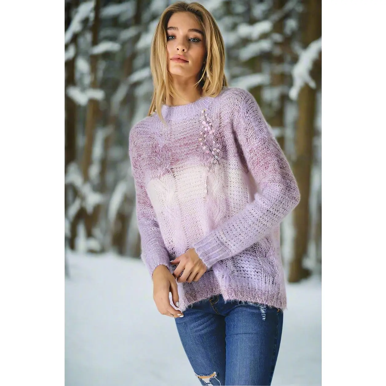 Davi & Dani Cable Knit Sequin Sweater Top - Lilac Multi
