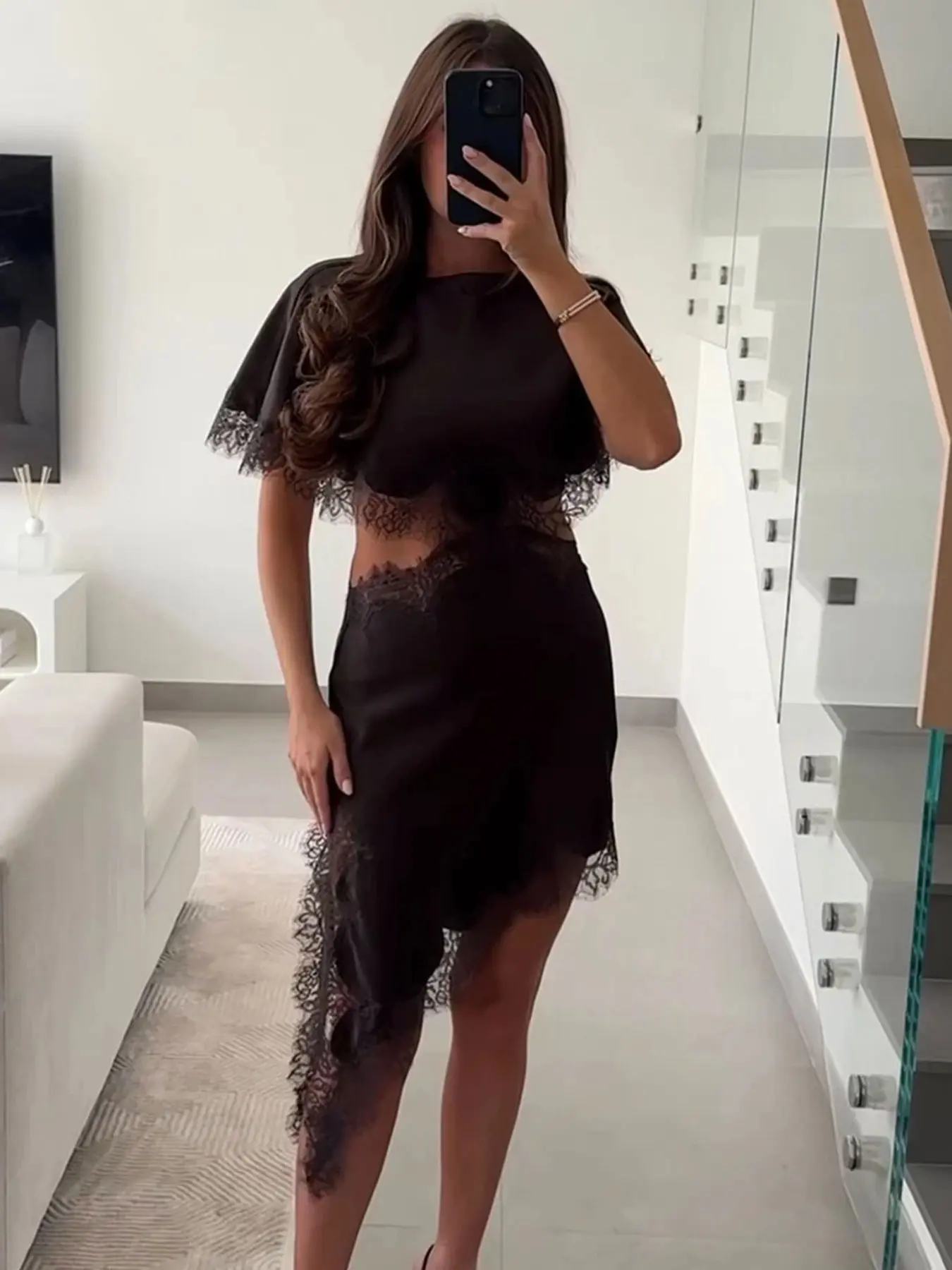 Women Summer Black Lace-up Mini Dress With Open Front Asymmetrical Hemline And Intricate Lace Trim Fashionable Party Dress For Women - TikTok Shop Women Summer Black Lace-up Mini Dress With Open Front Asymmetrical Hemline And Intricate Lace Trim Fashionable Party Dress For Women - TikTok Shop