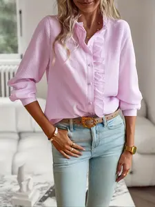 Women's Ruffle Striped Button-Up Shirt Long Sleeve Casual Top, Stylish and Comfortable, Perfect for Daily Wear
