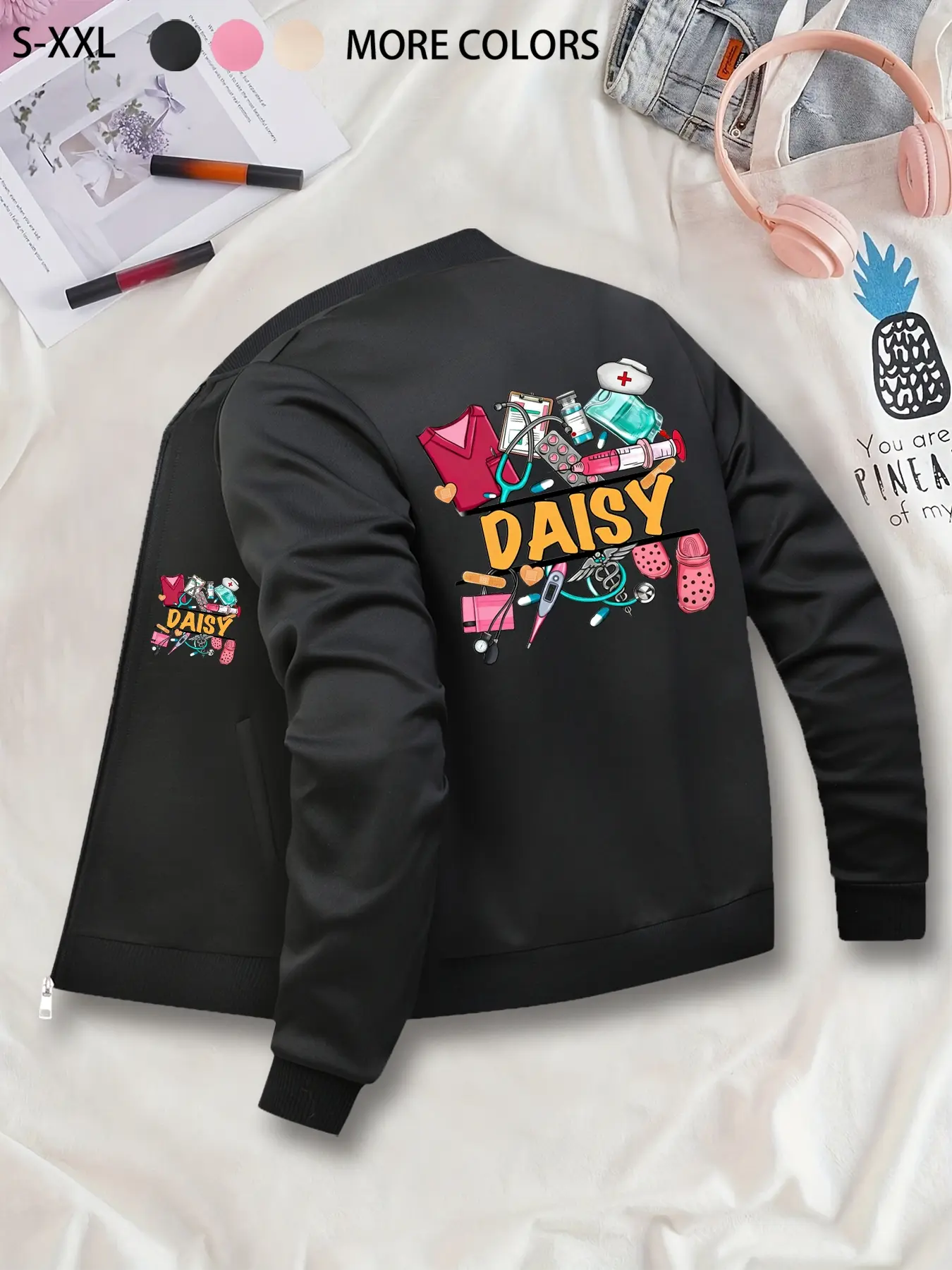 Custom Nurse Element Jacket - Unique Floral DAISY Printed Zip-Up Long Sleeve Outerwear, Polyester Knit Fabric with Pockets, Fitted Fashion Casual Style for Autumn/Winter, Graphic Print Pattern Suitable for Young Adults Womenswear Coats