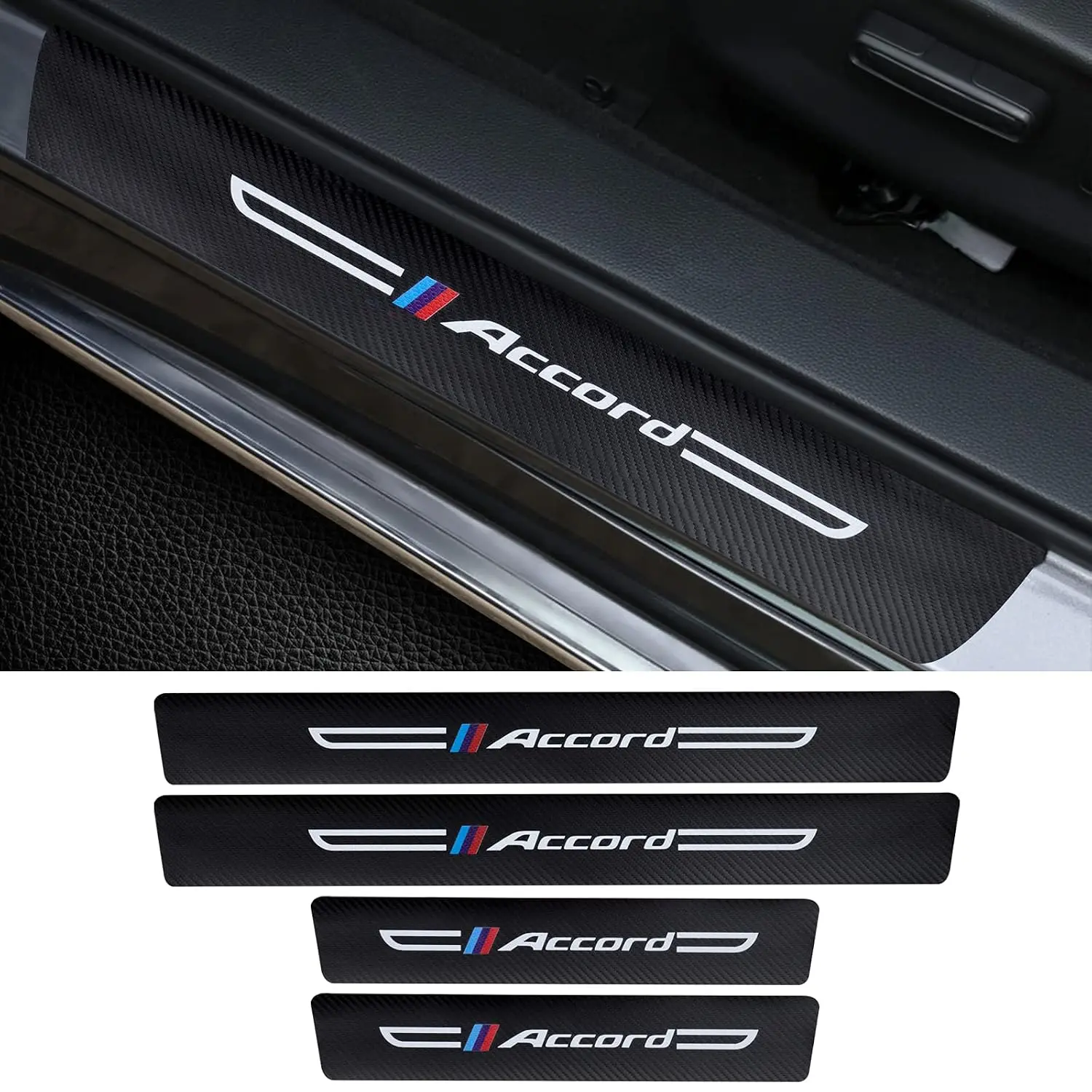 4PCS Carbon Fiber & Textured Leather Car Door Sill Protectors, Compatible with Accord, Black, Vehicle Specific Fit, Screw-In, Front & Rear Lower Door Threshold Guards