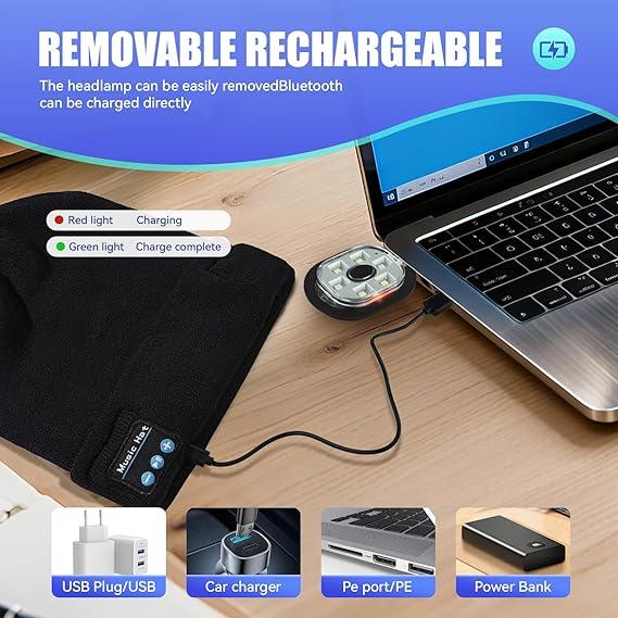Bluetooth Beanie with a Light, Unisex USB Rechargeable 4 LED Fashlight Hat with Cordless Headphones, Unique Christmas Birthday Gifts for Men Him Husband Teen Black