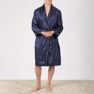 Men Summer Bathrobe Set Plaid Jacquard Long Sleeve Spa Kimono Robe with Belt and Shorts for Soft Pajama Outfit