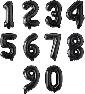 10 count 16inch Number Black Mylar Balloons, 0~9 Black Foil Balloons for Birthday Wedding Party Decorations Number Balloons