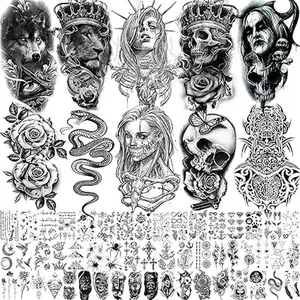 62 Sheets Wolf Lion Skeleton Temporary Tattoos For Men Women Arm, 3D Realistic Tattoo Stickers For Adults Kids Neck, Black Scary Skull Halloween Vampire Fake Tatoos Snake Flower Compass