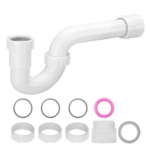 VEVOR P-Trap, 1-1/2 Inch P Trap Sink Drain Pipe Kit with Threaded Adapter and TPU Leak-Resistant Washers, PP Plastic Pipe Basin Waste Kit, Under Sink Plumbing for Kitchen Bathroom Sewer Drain, White