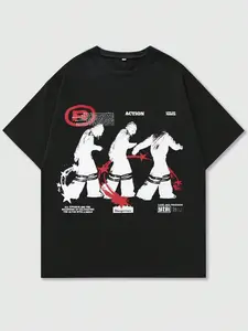 American Vintage Washed Design, Contrast Character Action Print, Dropped Shoulder Fit, Perfect for Daily Outings & Punk Outfits