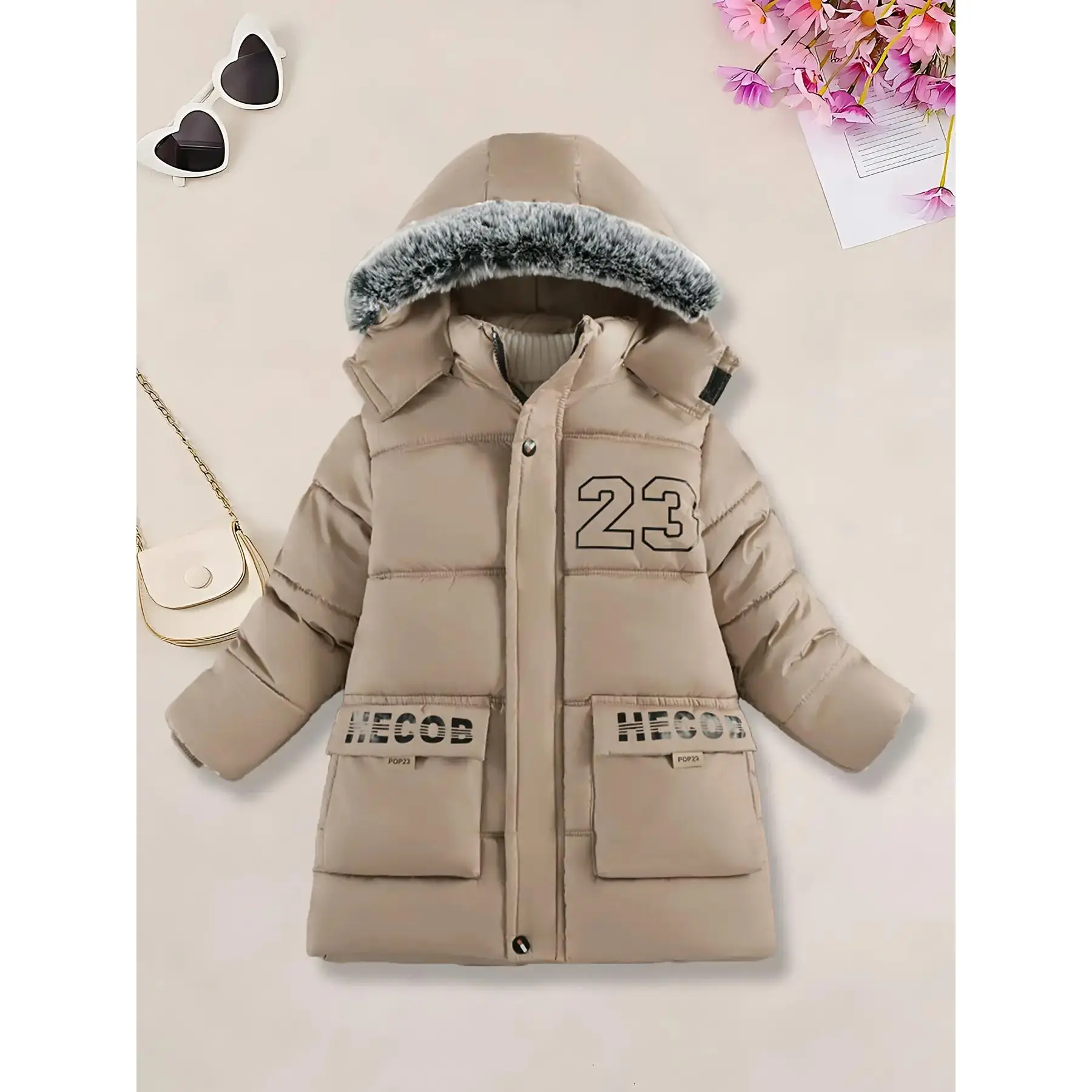 Boys' Winter Heavy-Duty Navy Blue Woven Polyester Long-Sleeve Hooded Coat with Alphabet Graphic - Casual, Machine Washable for School, Regular Fit, Slight Stretch, Sizes 3-4 Years, 7-8y, 11-12y, 13y
