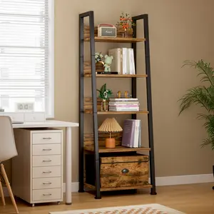 Bookshelf, 55 Inch 5-Tier Ladder Shelf Bookcase with Free Storage Box, Rustic Brown Wooden Storage Shelf for Living Room, Bedroom, Kitchen, Narrow Space-Saving Design
