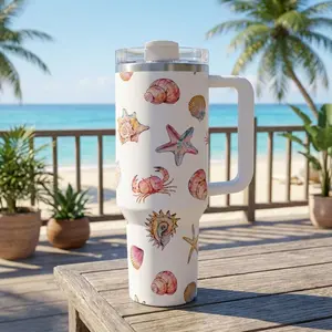 Coastal Sealife 40oz Handle Tumbler, Watercolor Crab Shell Beach Cup with Handle, Summer Beach Gift for Her, Insulated Steel Mug - scs17761