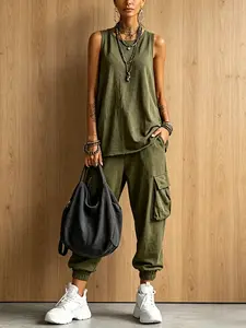 Womens 2 Piece Knit Set Sleeveless Crewneck Vest and Capri Pants Matching Outfit 2026 Summer Minimalist Loungewear Casual Co ord Set Elegant Travel Wear Lightweight Short Sleeves Set Everyday Basics