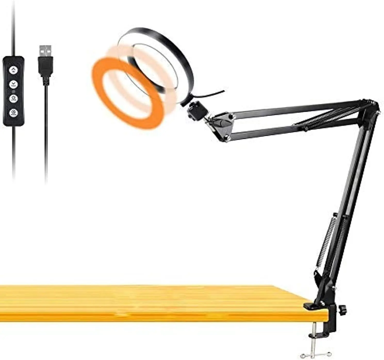 Workbench Light, Desk Ring Light with Swivel Clamp Arm,8'' USB Ring Light for Reading,Craft,Makeup,YouTube,Live Streaming,Study,Architect Drafting -