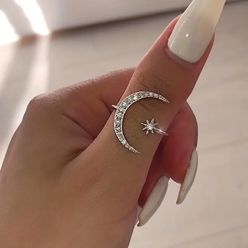 Women's Elegant Rhinestone Decorated Moon & Star Design Ring, Exquisite Trendy Elegant Everyday Ring for Daily Use, Fashionable Jewelry for Women As Gift, Vintage Rings, Upscale Ring