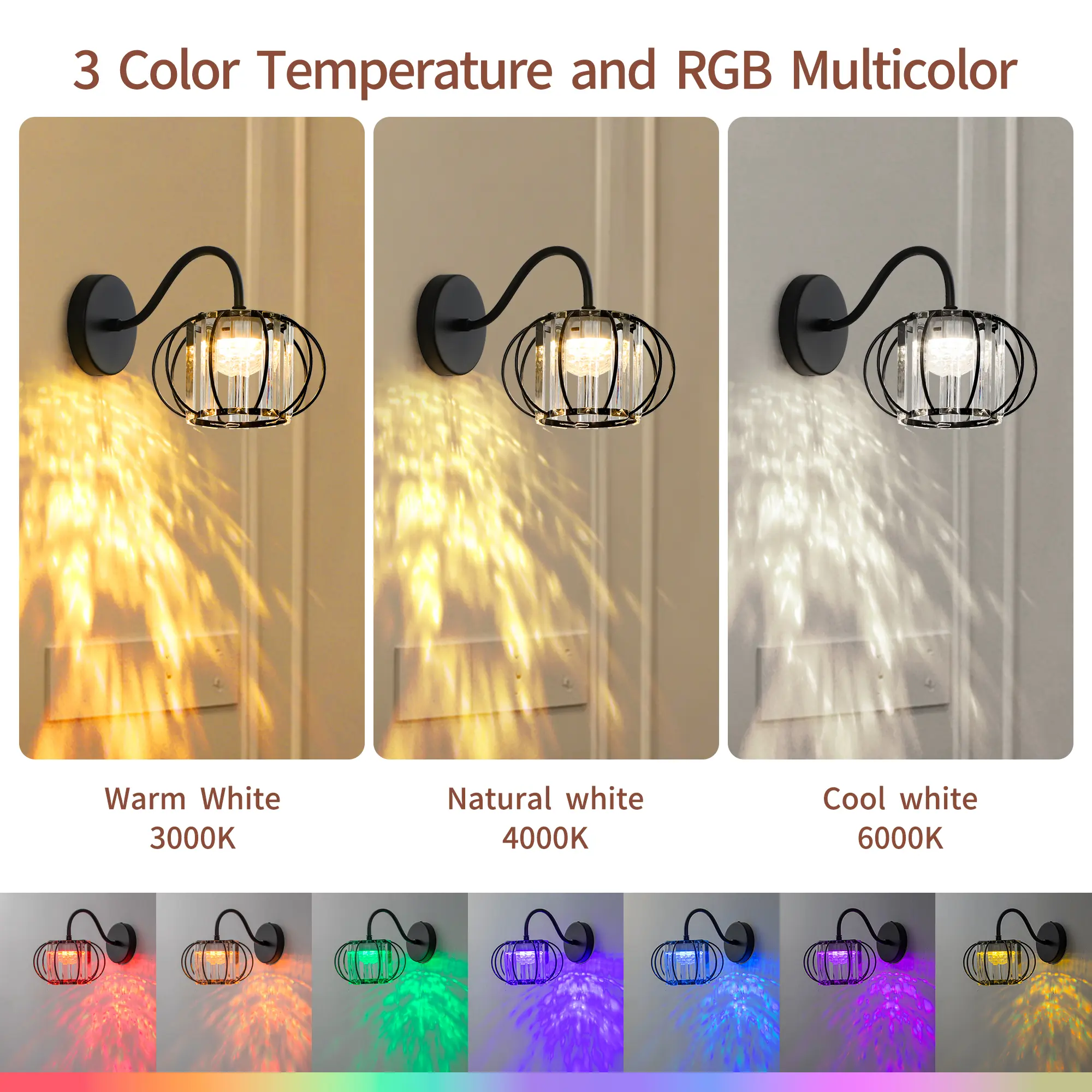 Modern Rechargeable Crystal Wireless Wall Sconce - USB-C Charge, Remote Control, Remote Adjust, RGB Color Changing LED Lamp, 3 Color Temperatures Dimmable for Bedroom, Living Room Decor