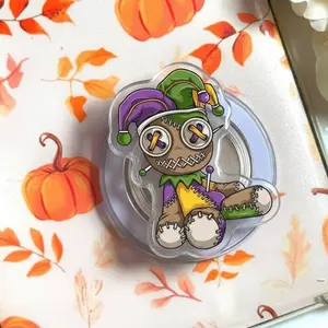 Gothic Jester Voodoo Doll Phone Grip - Creepy Cute Stitched Puppet Phone Holder - Pastel Goth Aesthetic Cell Phone Stand Accessory - Spooky Halloween Gift for Her - Handmade Acrylic Grip