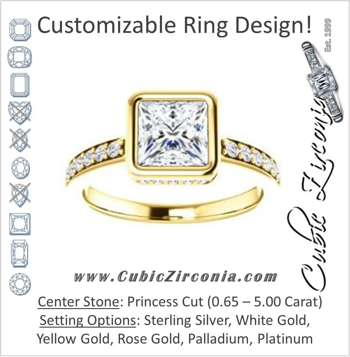 Cubic Zirconia Engagement Ring- The Monaco (Customizable Vintage Princess Cut Design with Crown-inspired Under-halo Trellis and Pavé Band)