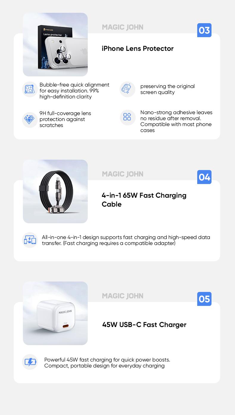 MAGICJOHN Digital Value Bundle for iPhone17/16/15Pro&Pro Max Includes HD or Privacy Tempered Glass Screen Protector, Camera Lens Protector, 360° Rotating Magnetic Stand Phone Case, 45W Super Fast Charger, and 65W USB-C 4-in-1 Charging Cable