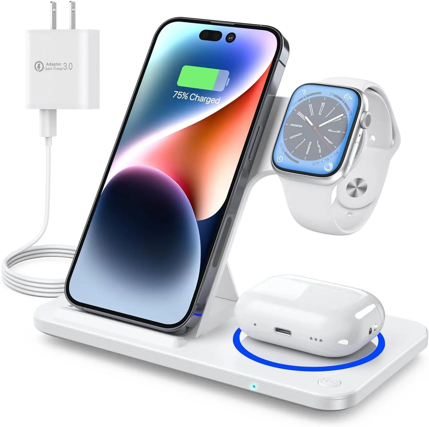 Y010-3 in 1 Wireless Charging Station, Foldable Wireless Charger, 15W Fast Charger Stand   (Black / White) Mobile Adapter Device