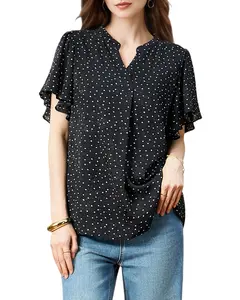 Elegant Black Polka Dot Chiffon Blouse for Women - Split V Neck Ruffle Short Sleeve Twist Front Textured Casual Dressy Top for Work & Weekend LE-SY079