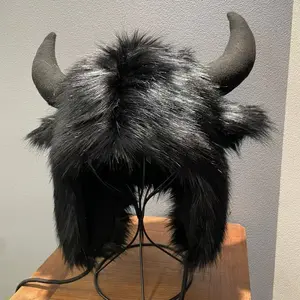Big Black Cow Cute Elk Horn Furry Ushanka Men and Women Winter Warm Ear Protection Personality Wind-Proof and Cold Protection Cotton Hat