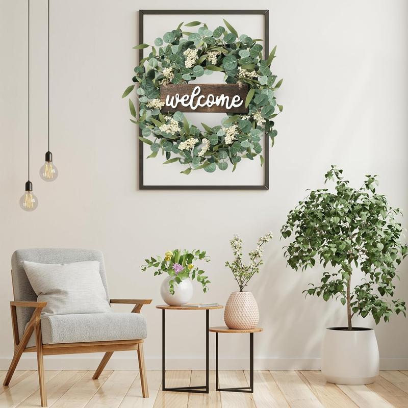 ZMOCEN A Green Eucalyptus Spring/Summer Wreath With A Welcome Sign, Featuring Artificial Spring/Summer White Berries. Suitable For Front Doors, Walls, Windows, Festive Occasions, Farmhouses, Porches, Patios, And Wedding Season Decorations (White + Green).