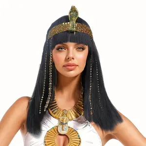 [17" Cleopatra Cosplay Wig] 17-Inch Long Straight Black Egyptian Queen Cleopatra Cosplay Wig with Bangs | Snake Head Accessory, Sassy Theme, Elastic Cap, Low Temperature Fiber Hair