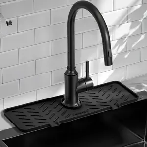 Silicone Faucet Mat for Kitchen Sink – Gen 2 Splash Guard with Upgraded Outlet & Slope – 18" x 5.1" Water Catcher & Sink Sponge Holder for Kitchen and Bathroom (Black)