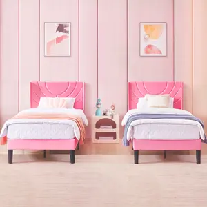 VECELO Twin Size Platform Bed Frame, Cute Girls Bed Princess Bed Frame with Fabric Headboard, Wooden Slats Support/No Box Spring Required/Mattress Base, Pink