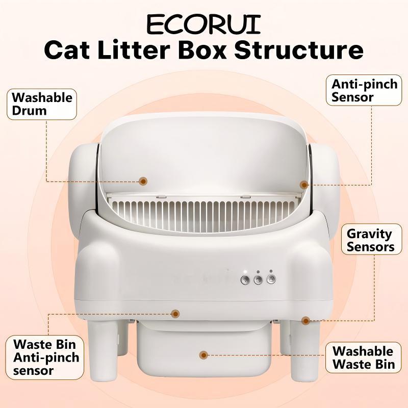 ECORUI Self-Cleaning Cat Litter Box Open Top Automatic with App Control for Multiple Cats Safety Sensors Odor Control Cream White Large Waste Bin Includes 2 Liners