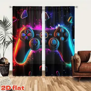 2D Flat 2Pcs Gamer Controller Neon Glow Curtains for Teen Boys Gaming Room Decor, Home Decoration Curtain, Vivid Colorful Semi Sunshade Pole Pocket Window Panels Bedroom, Living, Modern Home Office, Aesthetic Anti-Privacy Treatment, Christmas Gift.