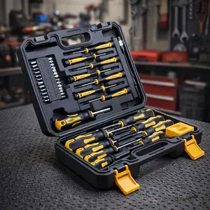 43-piece magnetic screwdriver set with storage case, including flathead, Phillips, hex, Pozidriv, Torx, and precision screwdrivers, with magnetizing/demagnetizing tool; essential emergency repair tool for outdoor use