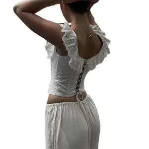 Women's White Eyelet Lace Ruffle Trim Corset Top - Vintage Square Neck Bustier | Cute Flutter Sleeve Crop Top for Summer & Date Night
